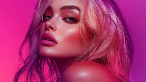 Neon-lit beauty portrait with glossy skin and magenta gradients.
