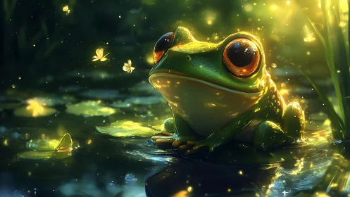 Gentle frog in glowing pond light with drifting fireflies.