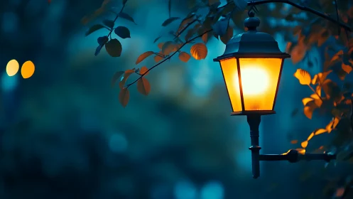 Gentle garden lamppost glowing through blue evening hush.