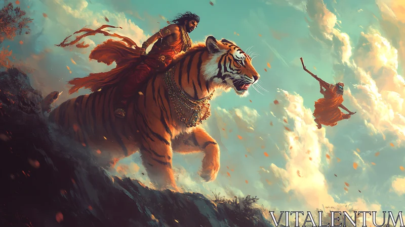 Warrior prince rides colossal tiger through storm of petals.