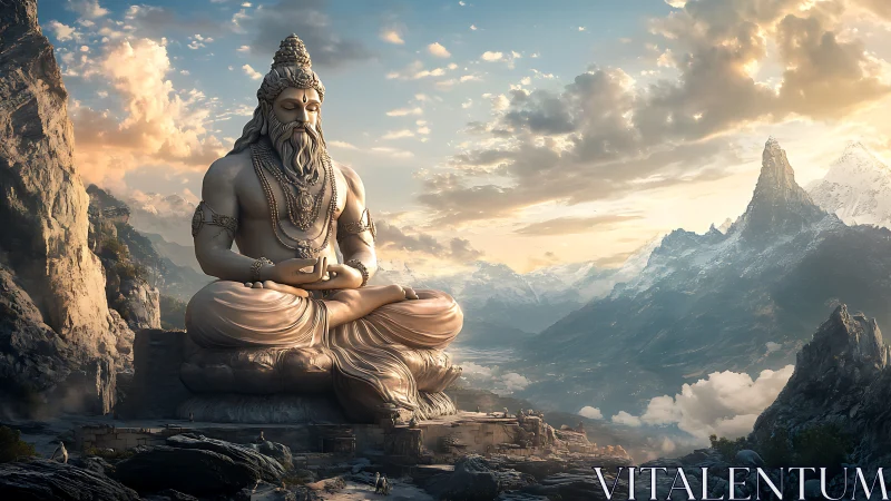 Monumental meditating figure occupies central mountain basin