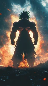 Explosive warrior silhouette dominates blazing battlefield.