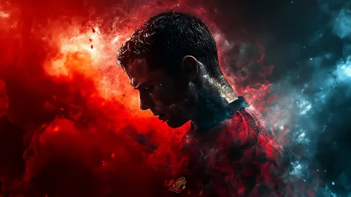 Focused male athlete in red amid red and blue smoke.