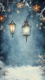 Digital painting of vintage lanterns in a snowy vertical scene.