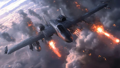 Attack jet unleashes missiles through stormy cloud battlefield.