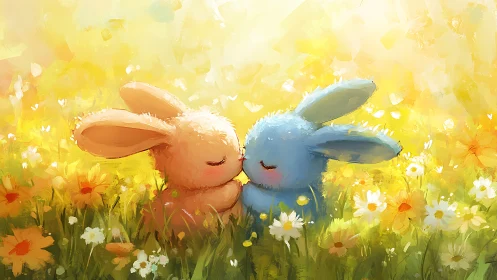 Two pastel bunnies share a gentle kiss in sunlit meadow.