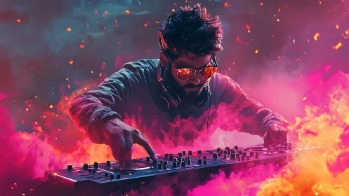 Neon-lit DJ controller performance amid vivid cyber flames.
