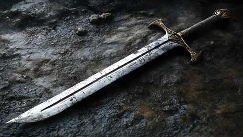 Weathered longsword on basaltic ground, high-detail rendering.