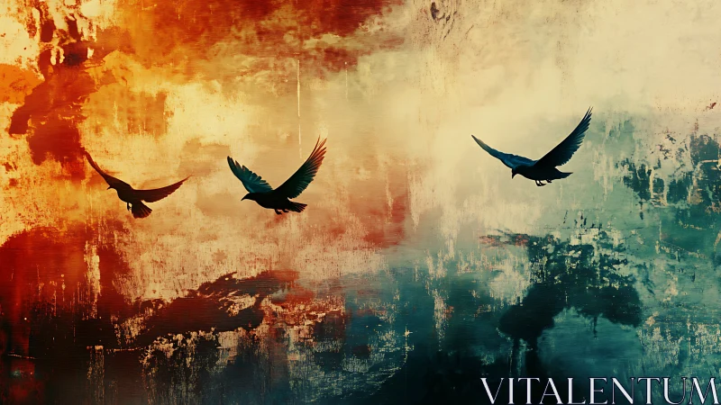 Three restless birds stitch twilight across split skies