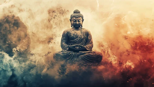 Serene Buddha statue in radiant smoke-filled aura backdrop.