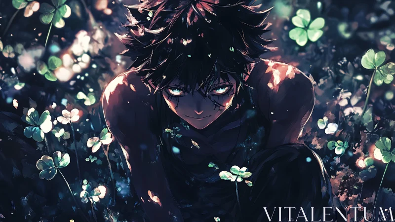 Intense anime boy crouching in glowing clover field at night.