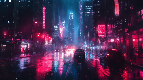 Neon-lit city street shows wet roadway and cars in heavy rain