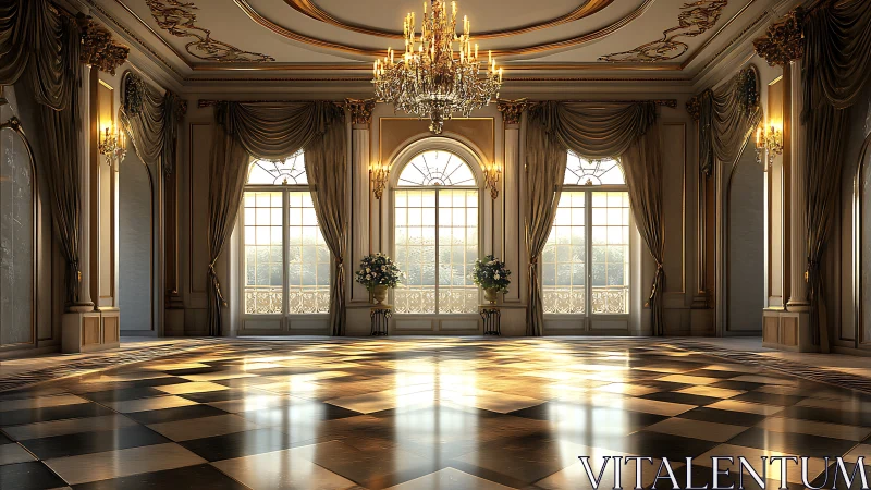 Sunlit baroque ballroom with reflective parquet and ornate chandeliers