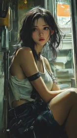 Melancholic cyberpunk girl in soft industrial daylight portrait.