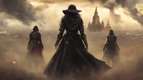 Triangular cloaked figures advance toward cathedral in smoky dusk