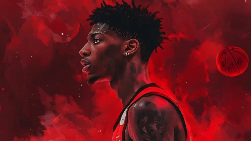 Basketball portrait glows within abstract red nebula field.