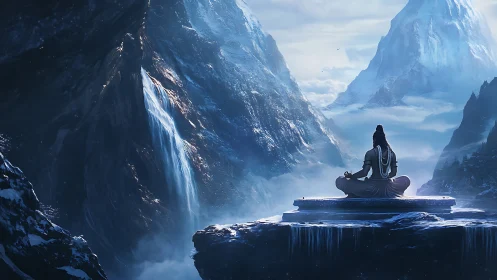 Mountain sage in frozen meditation above cloud-wreathed abyss.