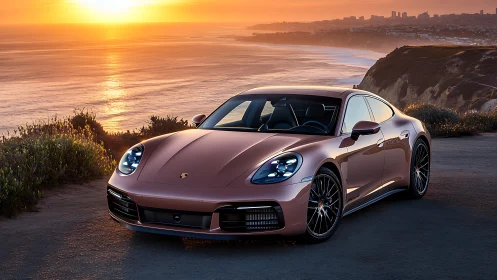 Metallic sports sedan parked by coastal sunset overlook.