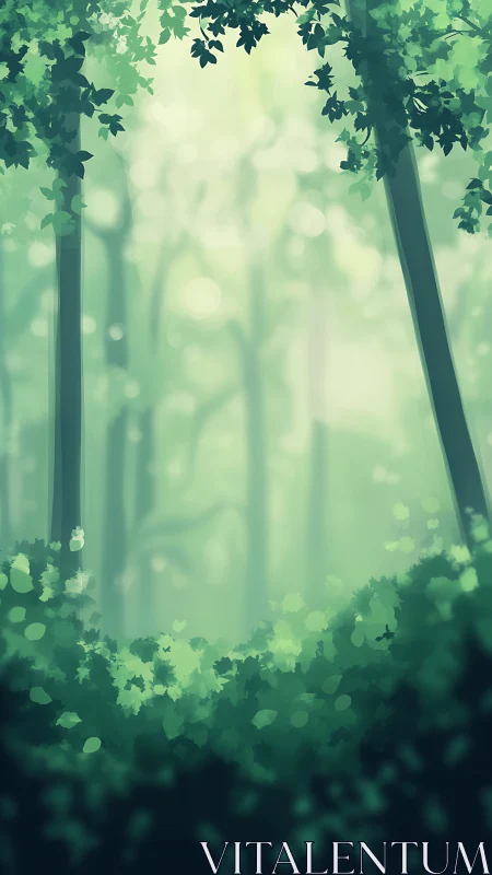 Misty Forest Path Through Towering Trees.