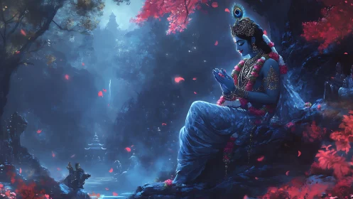 Divine blue figure meditating in luminous forest sanctuary.