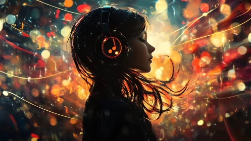 Girl in glowing headphones surrenders to swirling music.