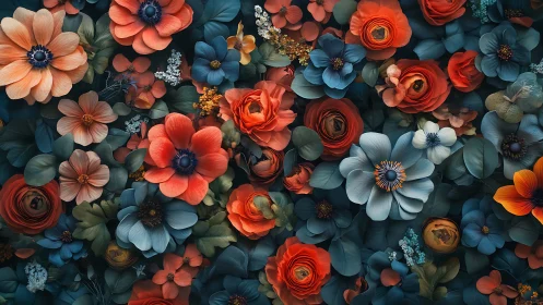 Layered floral arrangement displaying coral, blue, and white blooms with botanical foliage