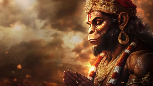 Divine simian warrior in prayer under fiery celestial sky.