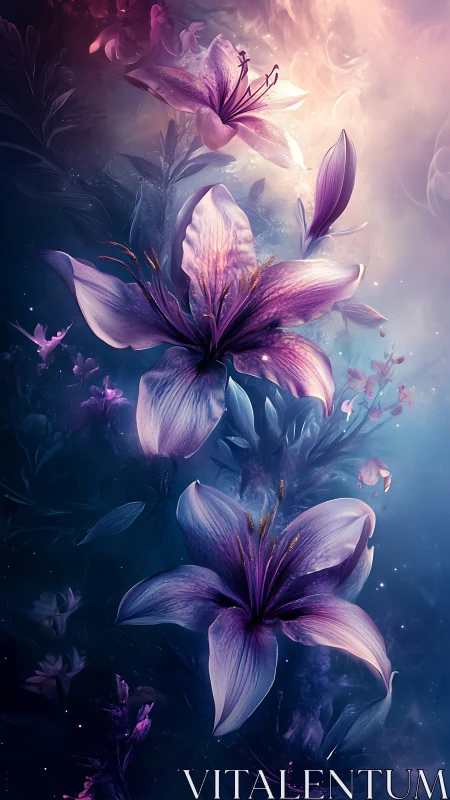 Ethereal Purple Lilies Blooming in Luminous Mystical Light.