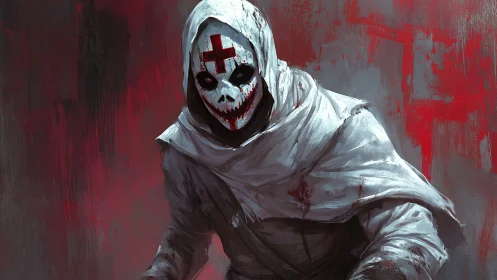 Hooded skull-masked figure advances amid blood-red chaos