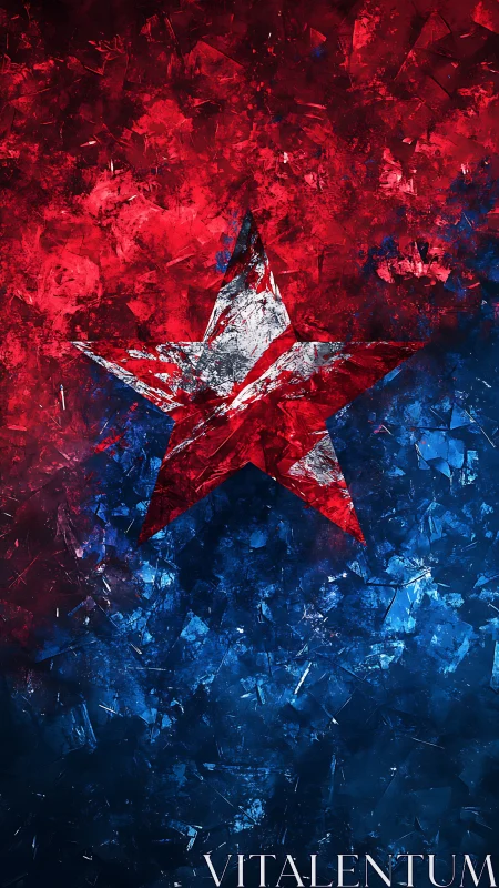 Bold red and blue star bursting from textured color fields.