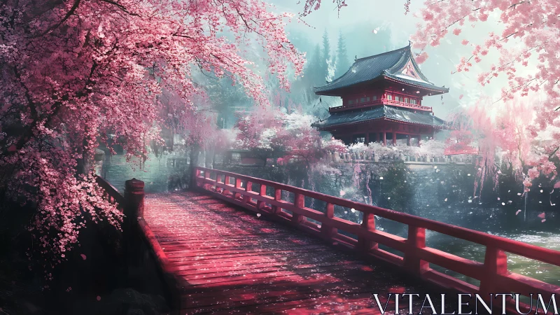 Cherry blossom bridge frames serene lakeside temple view.