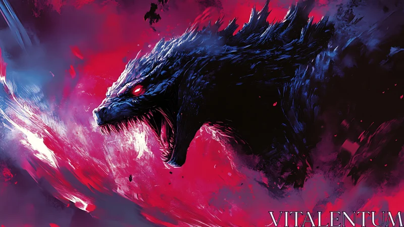 Roaring kaiju silhouette ignites a storm of neon fury.