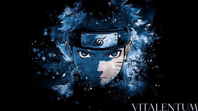 Determined ninja portrait in blue splatter ink style