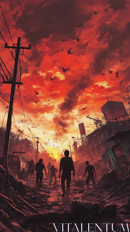 Fiery apocalyptic sky glows above survivors on ruined road