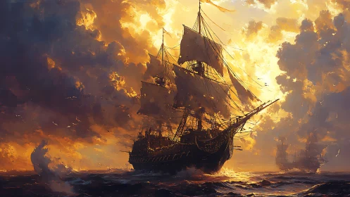 Baroque-rigged galleon under incendiary volumetric sunset sky.