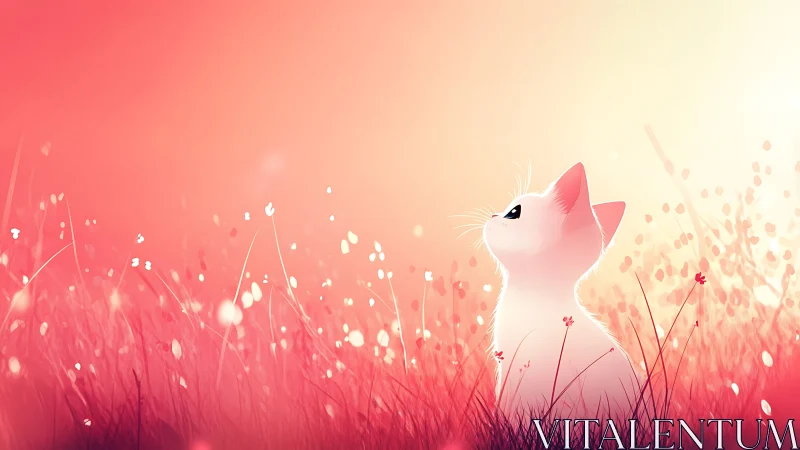 White kitten gazes toward warm glowing evening sky