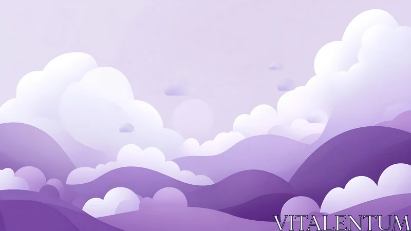 Soft lavender hills curve under layered white clouds