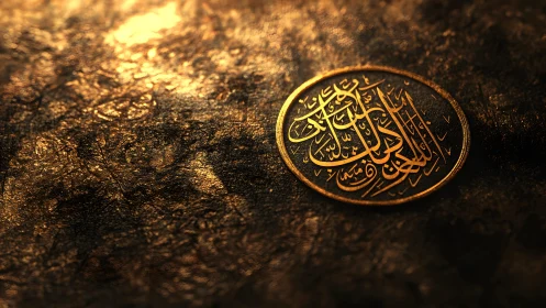 Elegant Arabic Calligraphy Medallion on Textured Golden Surface.
