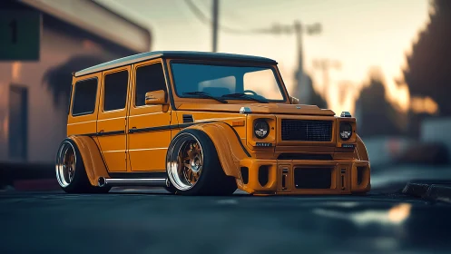 Sunset-slammed orange SUV posing like a streetside beast.
