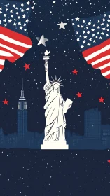 Statue of Liberty rises amid patriotic stars and flags