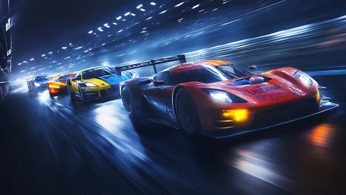 Neon night racers chasing the finish line in the rain.