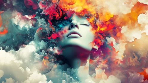 Dream-lit visage adrift in swirling nebula colorscape.