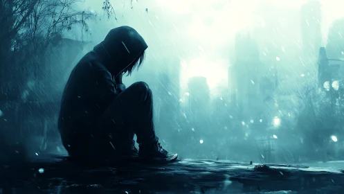 Rain-soaked silhouette curls quiet questions into the storm