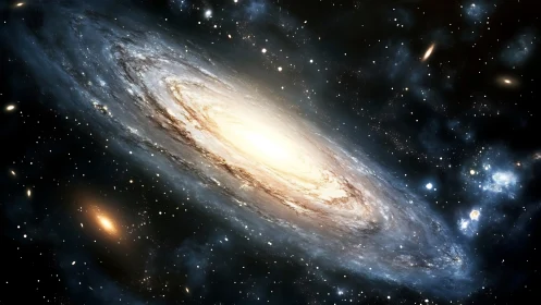 Oblique spiral galaxy rendering with dense stellar halo field.