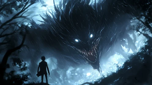 Silhouetted figure confronts glowing eyed beast in storm