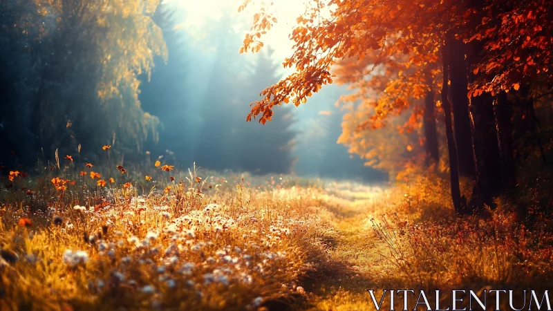 Luminous Autumn Forest Clearing with Golden Hour Atmospheric Rays