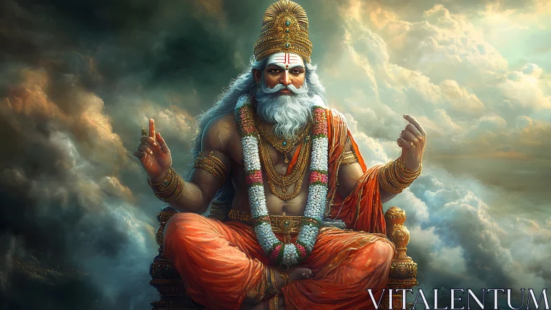 Mythic guru seated in luminous storm-sculpted cloudspace meditation.