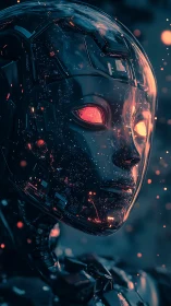 Cybernetic android head glows with neon circuitry night