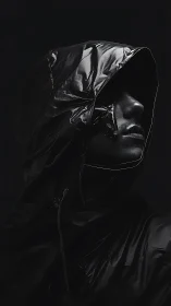 Hooded cyber figure in glossy black shadows portrait.