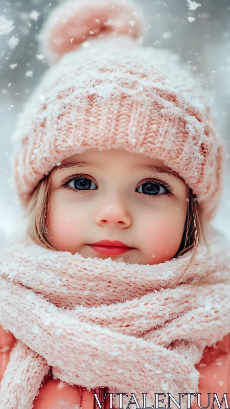 Child in pink knit beanie and scarf with snowflake bokeh backdrop.